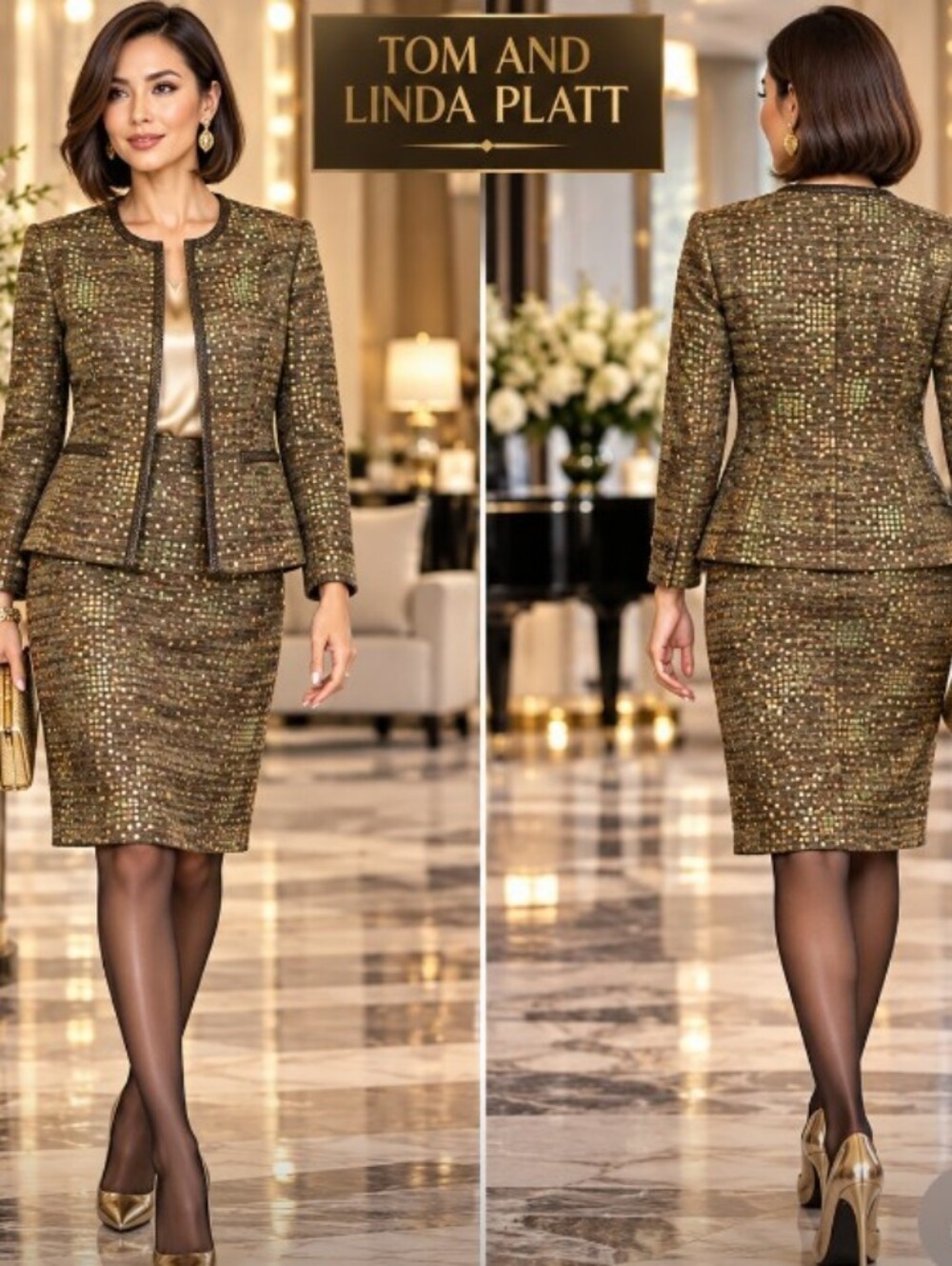 Rare Tom & Linda Platt 10-12 Luxury Tweed Wool Silk Sequins Crocodile Skirt Suit